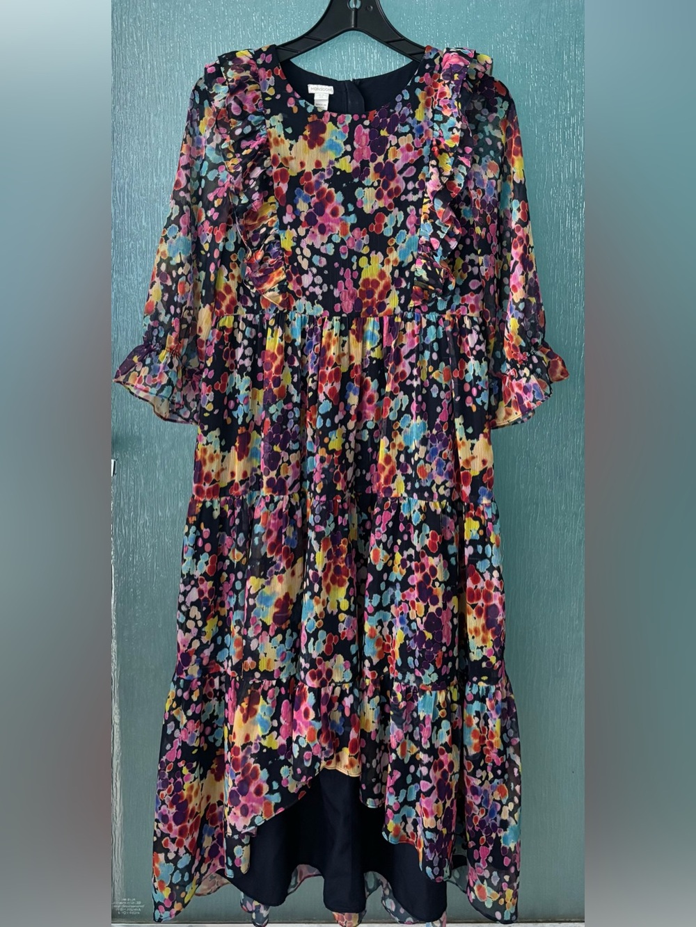 Monsoon Black Floral Ruffle Tiered Dress with Multicolor Spots